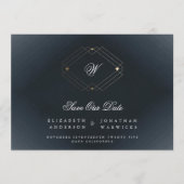 marineblauw klassieker deco goudmonogram foto save the date (Voorkant)