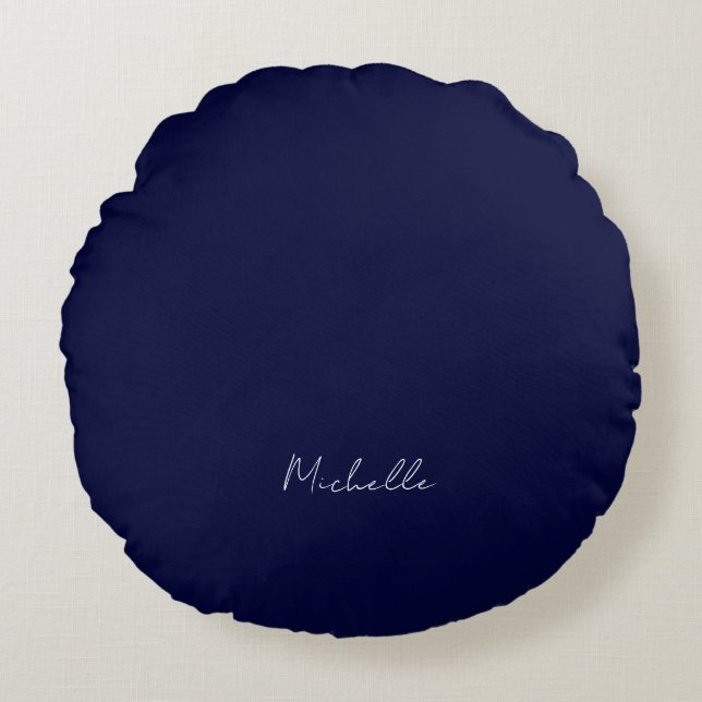 Marineblauw Kleur Gewoon Modern Eigen Naam Kalligr Rond Kussen (Voorkant)