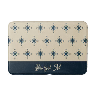 marineblauw kompas & Monogram Beige Kusthuis Badmat