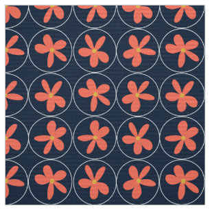 Marineblauw Koraal Bloemtegels Poplin Stof