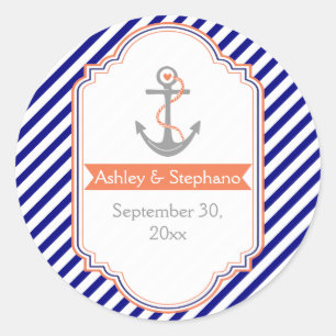 Marineblauw, koraal nautische bruiloft Save the Da Ronde Sticker