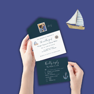 marineblauw kust nautisch paar foto monogram all in one uitnodiging