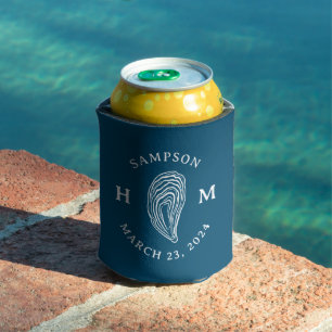 Marineblauw Kustoester Monogram Bruiloft Favor Blikjeskoeler