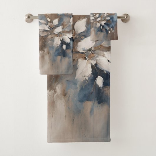 Marineblauw Lichtblauw Bruin Modern Bloemmotief Bad Handdoek (Insitu)