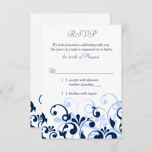 Marineblauw Lichtblauw Witte Abstracte Bloemmotief RSVP Kaartje (Voorkant / Achterkant)