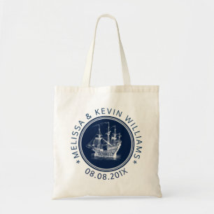 Marineblauw maritiem zeilboot tote bag
