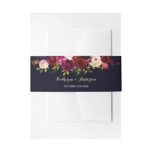 Marineblauw Marsala Rustiek Boho Bloemen Bruiloft Uitnodigingen Wikkel (Voorkant Voorbeeld)