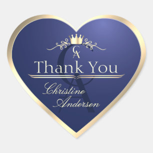 Marineblauw met gouden frame en monogram bedankt hart sticker