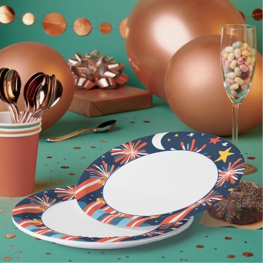 Marineblauw met minimalistisch vuurwerk en maan papieren bordje (Multi)