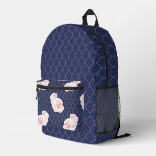 MARINEBLAUW MET PASTELROZE WATERVERF ROZEN BEDRUKTE RUGZAK