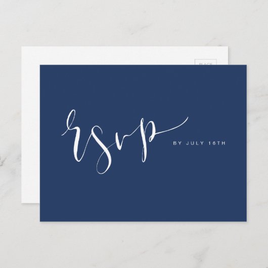 Marineblauw Modern Eenvoudig Script bruiloft RSVP Uitnodiging Briefkaart (Voorkant / Achterkant)