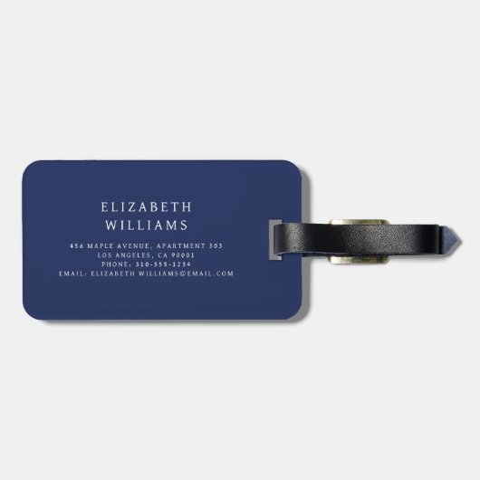 Marineblauw Modern Monogram Minimalistisch Bagagelabel (Achterkant horizontaal)