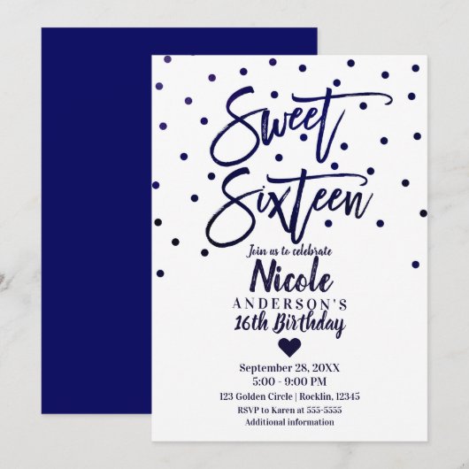 Marineblauw Modern Schrift Sweet 16 Zestien Kaart (Voorkant / Achterkant)