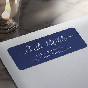 Marineblauw moderne elegante script retouradres etiket