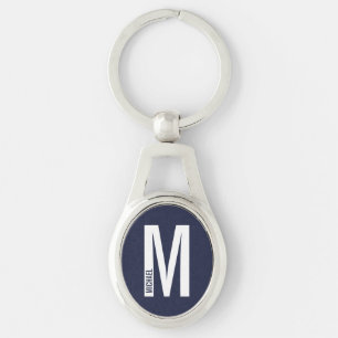 Marineblauw Moderne Gepersonaliseerde Monogram en  Sleutelhanger