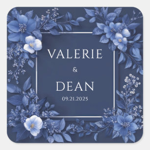 Marineblauw Monochroom Bloem Moderne Vierkante Lij Sticker