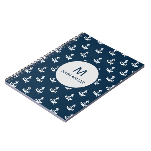 Marineblauw nautisch bootankerpatroon monogram notitieboek (Linkerzijde)
