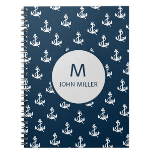 Marineblauw nautisch bootankerpatroon monogram notitieboek