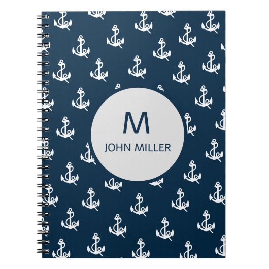 Marineblauw nautisch bootankerpatroon monogram notitieboek (Voorkant)