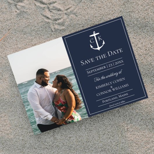 Marineblauw Nautisch Monogram Foto Save the Date