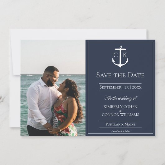 Marineblauw Nautisch Monogram Foto Save the Date (Voorkant)