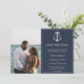 Marineblauw Nautisch Monogram Foto Save the Date (Staand voorkant)