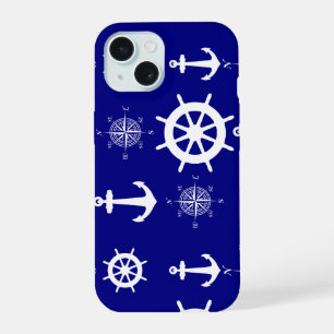 Marineblauw nautisch patroon iPhone 15 hoesje