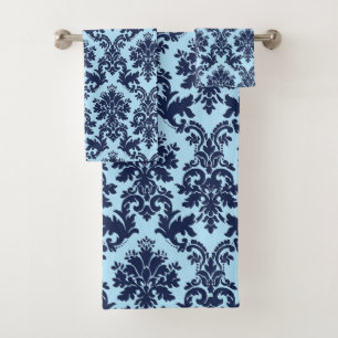 Marineblauw op lichtblauw  bloemendamast bad handdoek