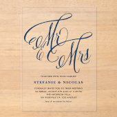 Marineblauw Oudhollandse kalligrafie trouwfeest Mr Acryl Uitnodigingen (Voorkant)