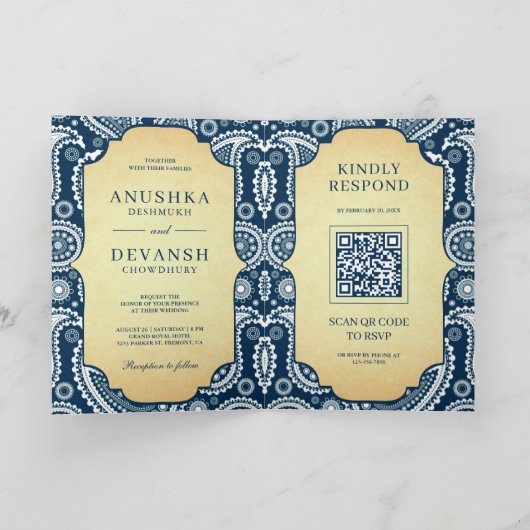 marineblauw paisley indianenqr code bruiloft (Binnen)
