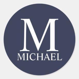 Marineblauw Persoonlijk Monogram en Naam Ronde Sticker