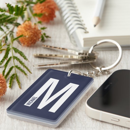 Marineblauw Persoonlijk Monogram en Naam Sleutelhanger (Voorkant Rechts)