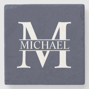 Marineblauw Persoonlijk Monogram en Naam Stenen Onderzetter
