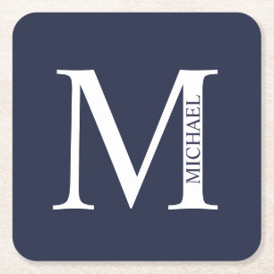 Marineblauw Persoonlijk Monogram en Naam Vierkante Kartonnen Onderzetter