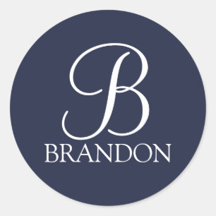 Marineblauw Persoonlijk Schrift Monogram en Naam Ronde Sticker