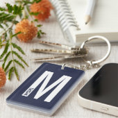 Marineblauw Persoonlijk Vet Monogram en Naam Sleutelhanger (Voorkant Rechts)