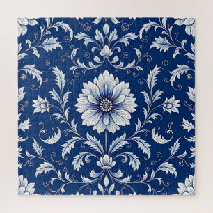 Marineblauw porseleinen bloempatroon legpuzzel