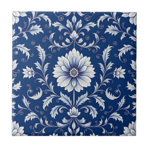 Marineblauw porseleinen bloempatroon tegeltje