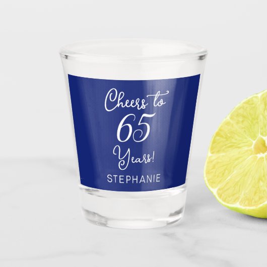 Marineblauw Proost 65 jaar 65e verjaardag Shot Glas (Voorkant)