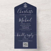Marineblauw QR Code Script Anker Nautische Bruilof All In One Uitnodiging (Binnen)