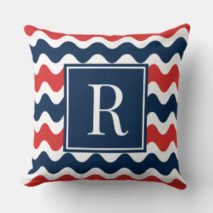 Marineblauw & Rode Preppy Ric Rac Streep Monogram Kussen