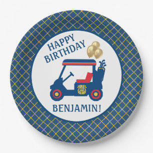 Marineblauw rood geel gepersonaliseerd papieren bordje