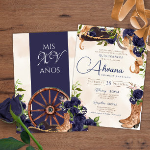 Marineblauw Roos  Charro Western Quinceanera Kaart