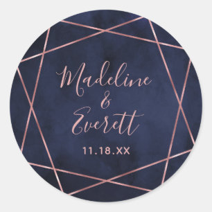 Marineblauw & Roos Goud Geometrisch Monogram Bruil Ronde Sticker