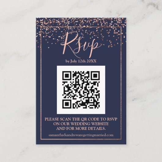 marineblauw Roos goudconfetti QR code rsvp Informatiekaartje (Voorkant)