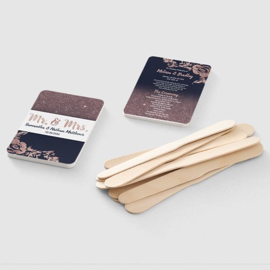 Marineblauw Roos Gouden Glitter Bloemen Trouwprogr Handwaaier (Niet-gemonteerd)