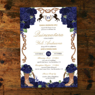Marineblauw Roos Western Charro Quinceañera Kaart