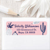 Marineblauw Roze Abstract Ananas & Cactus Print Etiket (Insitu)