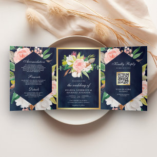 Marineblauw Roze Bloemig Goud QR Code Trouwen Drieluik Uitnodiging