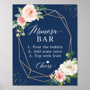 Marineblauw Roze Bruidsdouche Mimosa Bar Bord Poster